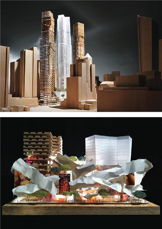 TOP: A proposed development by Frank Gehry looms 80 storeys over Toronto's King Street West. BOTTOM: A model of the podium, containing retail, OCAD facilities, and a gallery. Photos courtesy of Gehry International Inc.