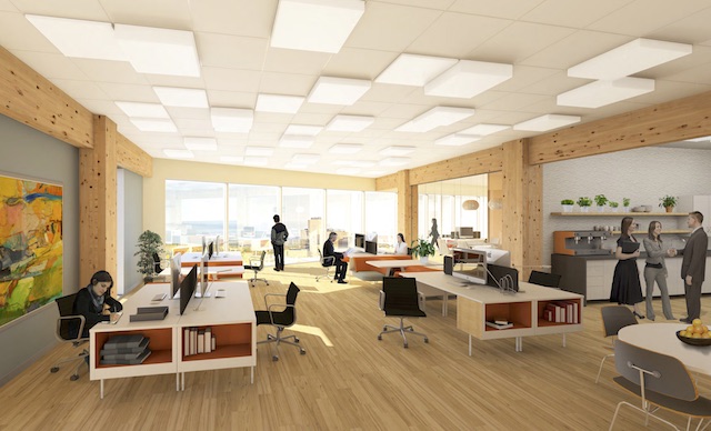 Concept rendering for a wood-dominated office space. Image via CSV Architects / Darryl Hood.