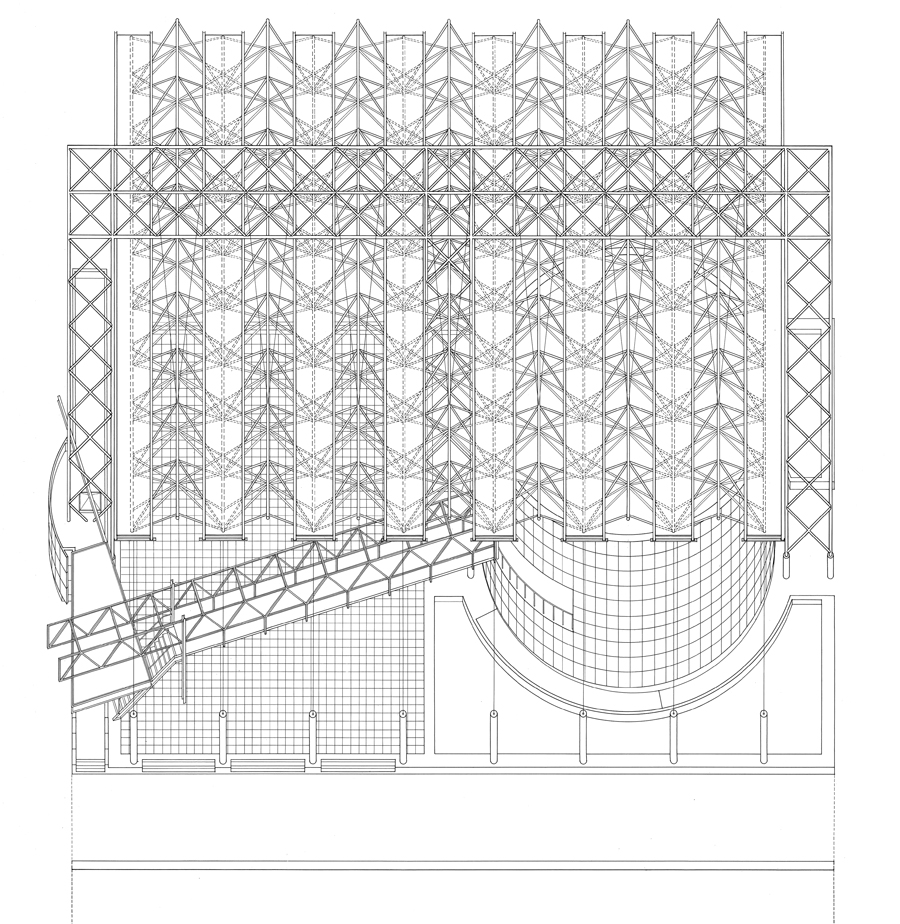 Cardew's office has a long tradition of careful detailing tested through the process of drawing, as this crisp illustration for the CN Pavilion's space frame illustrates.